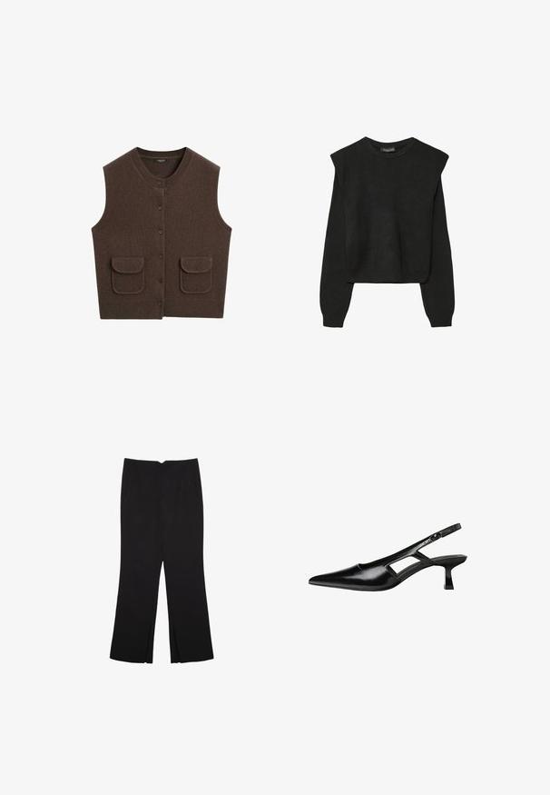 Gilet lavorato a maglia marrone con scollatura rotonda, bottoni frontali e due tasche anteriori. Tessuto strutturato con orlo a coste e bordi delle tasche a coste.; Maglione nero a maniche lunghe in maglia con spalle imbottite e polsini e orlo a coste, mostrato su uno sfondo bianco.; Pantaloni neri a gamba dritta, con tasche frontali e spacchi laterali all'orlo. Realizzati in tessuto morbido e liscio. Adatti a diverse occasioni.; Tacchi slingback in pelle verniciata nera con punta affusolata, design con tagli laterali e tacco quadrato piccolo. Texture liscia con dettagli minimi.