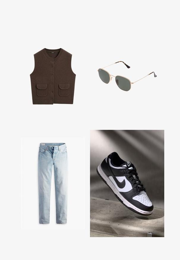 Gilet lavorato a maglia marrone con scollatura rotonda, bottoni frontali e due tasche anteriori. Tessuto strutturato con orlo a coste e bordi delle tasche a coste.; T-shirt bianca a maniche corte realizzata in cotone morbido, con colletto rotondo e maniche raglan, caratterizzata da un taglio rilassato e dritto senza motivi.; Jeans in denim blu chiaro con taglio dritto, due tasche frontali e due tasche posteriori. Include una chiusura a due bottoni e cuciture sottili.; Sneaker Nike Dunk Low in bianco e nero con tomaia in pelle, punta perforata e lacci neri, caratterizzata da una suola bianca e dettagli del logo.; Occhiali da sole con montatura in metallo dorato e lenti verde scuro, stile aviator, con aste sottili e dettagli in tartaruga sulle punte.