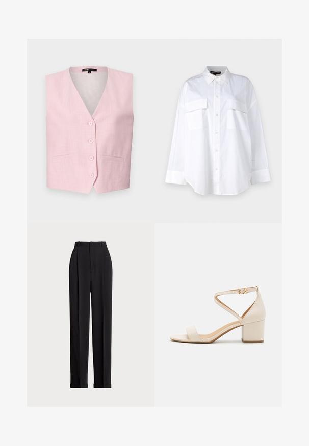Maje VIVALDORA - Veste - rose; Balts pogtukša krekls, izgatavots no kokvilnas, ar klasisku apkakli, divām krūšu kabatām un garām piedurknēm ar aprocēm. Gluda tekstūra.; Melnas piegriezuma bikses ar augstu jostasvietu, priekšā ar krokām, taisna kāju dizains un ar aprocēm. Izgatavotas no gludas auduma.; Beidzas bloku papēžu sandales ar minimālistisku dizainu, atvērtu pirkstu un regulējamu potītes siksniņu ar zelta sprādzi. Gluda tekstūra.