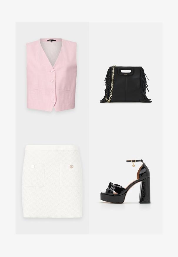 Maje VIVALDORA - Liemenė - rose; Juodas mezginys polo marškinėliai su balta banguota apykakle ir apvadu, trumpomis rankovėmis ir šešiais mygtukais. Tekstūruota medžiaga.; Trumpas baltas sijonas su tekstūruotu raštu, su dviem priekinėmis kišenėmis ir dekoratyvinėmis auksinės spalvos sagutėmis. Elastinga juosmens juosta komfortui.; Maje Aukštakulniai sandalai - noir; Juodas odinis rankų darbo rankinys su frinzuotomis detalėmis, auksine grandinės petneša ir išpjauto dizaino rankena. Pirmoje pusėje yra logotipo vieta.