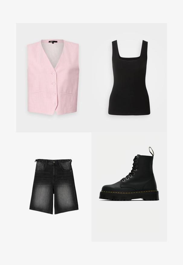 Maje VIVALDORA - Weste - rose; Schwarzes ärmelloses Tanktop mit quadratischem Ausschnitt, aus glattem Stoff gefertigt; enganliegendes Design ohne Muster oder Hardware-Details.; Schwarze Denim-Shorts mit ausgebleichtem Finish, fünf Taschen, einem Knopfverschluss und Gürtelschlaufen. Der Stoff hat eine glatte Textur.; Schwarze Leder-Schnürstiefeletten mit einer dicken, strukturierten Gummisohle und gelben Steppnähten um die Plattform.