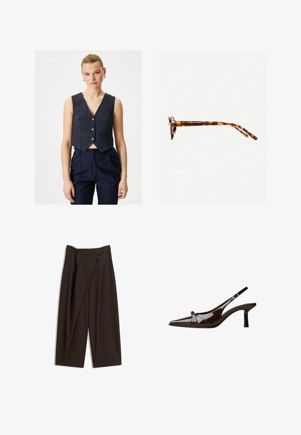 Marineblauer Weste mit weißen vertikalen Streifen, V-Ausschnitt, fünf goldenen Knöpfen und Fronttaschen, kombiniert mit hochgeschnittenen marineblauen Hosen.; Weißes T-Shirt aus weichem, leichtem Stoff. Mit runder Halslinie und kurzen, weit geschnittenen Ärmeln für einen lässigen Sitz. Keine sichtbaren Muster.; Dunkelbraune, weite Hosen mit hohem Bund, die über einen einzigen Knopfverschluss und eine gefaltete Vorderseite verfügen. Hergestellt aus leichtem Stoff.; Braune Lackleder-Slingback-Schuhe mit spitzem Zehenbereich, niedrigem Absatz und einer dekorativen Schleifenakzent an der Vorderseite. Glatte, glänzende Textur.; Schildpatt-Sonnenbrille mit dickem Rahmen, leicht gebogenen Bügeln und glatter Textur. Sie präsentiert ein klassisches Design mit glänzender Oberfläche.