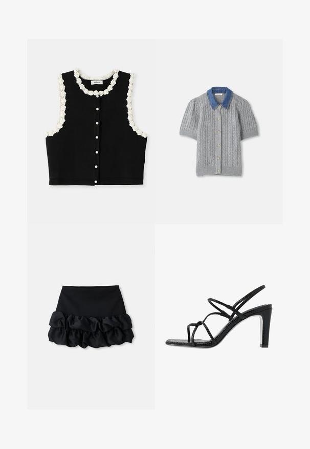 sandro CARDIGAN SANS MANCHE DETAIL GIRLY - Liemenė - noir; Pilkas megztas trumpomis rankovėmis kardiganas su pynimo raštu, turintis džinsinį apykaklę ir penkis auksinius mygtukus priekyje.; Juoda mini sijonas su prigludusia viršutine dalimi ir trimis raukšlėto audinio sluoksniais apačioje, su lygiu paviršiumi ir švariais kontūrais.; Juodi aukšti sandalai su plonomis dirželėmis, tekstūruotu paviršiumi, atvira kojų pirštų dalimi ir elegantišku, smailiu kulnu. Yra lygus įdėklas ir blizgus paviršius.