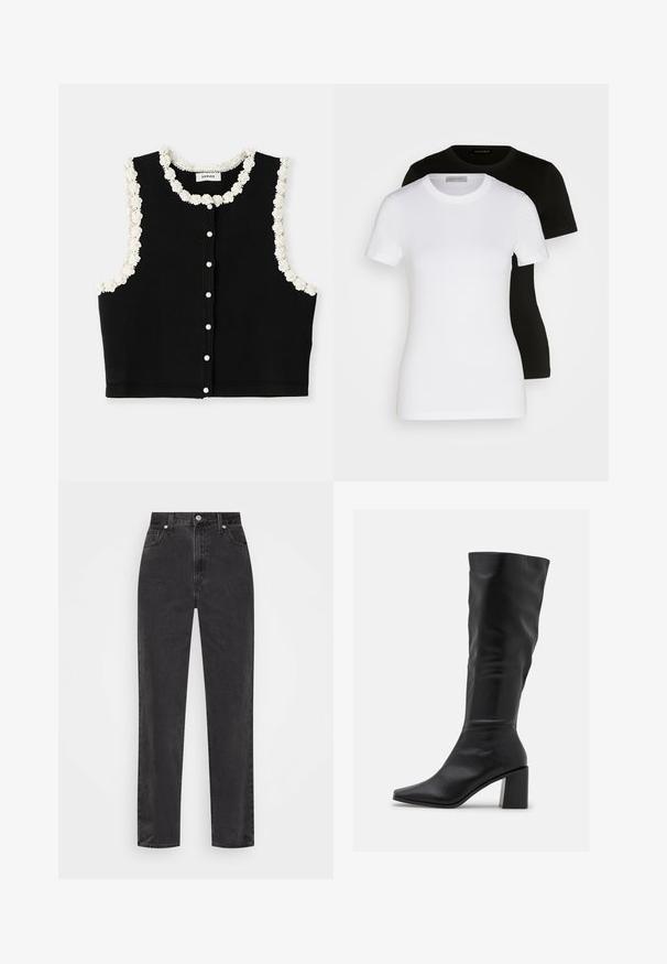 sandro CARDIGAN SANS MANCHE DETAIL GIRLY - Vest - noir; Kaks lühikeste varrukatega T-särki must ja valge. Valmistatud siledast puuvillast, klassikalise ümmarguse kaeluse ja tavapärase lõikega.; Sirged mustad teksapüksid kõrge vöökohaga, esi-nupp ja tõmblukk, viie taskuga stiil valgel taustal.; RAID BLICK - Saapad - black