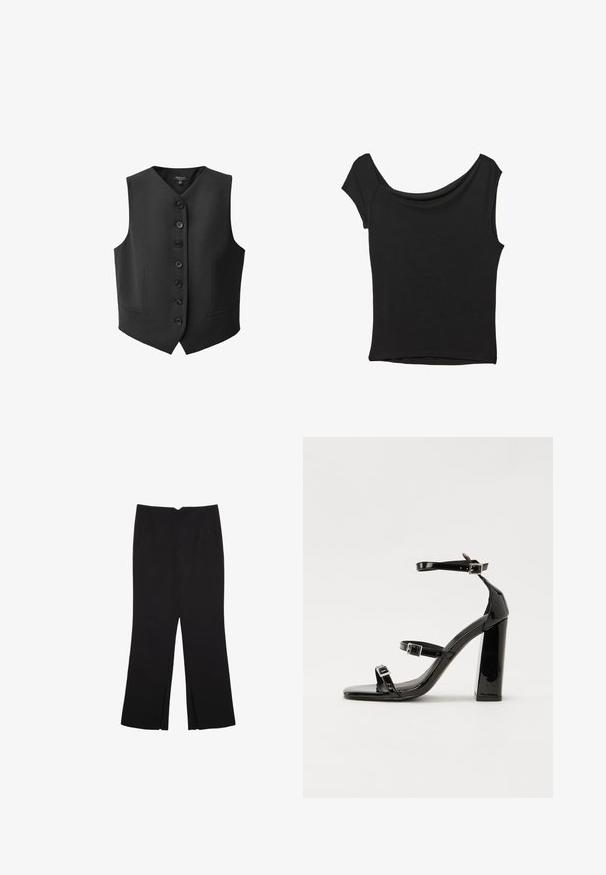 Schwarze Weste mit V-Ausschnitt, sechs vorderen Knöpfen und zwei seitlichen Taschen. Hergestellt aus glattem Stoff mit strukturiertem Schnitt.; Schwarzes Kurzarmoberteil aus glattem Stoff; hat einen drapierten Ausschnitt und einen asymmetrischen Saum, mit einem figurbetonten Körper.; Schwarze Hose mit geradem Schnitt, ausgestattet mit Fronttaschen und Seitenschlitzen am Saum. Hergestellt aus weichem, glattem Stoff. Geeignet für verschiedene Anlässe.; Schwarze patentierte Sandalen mit Absatz, quadratischer Spitze, Knöchelriemen und silbernen Schnallen. Mit einem stabilen Blockabsatz für mehr Stabilität.