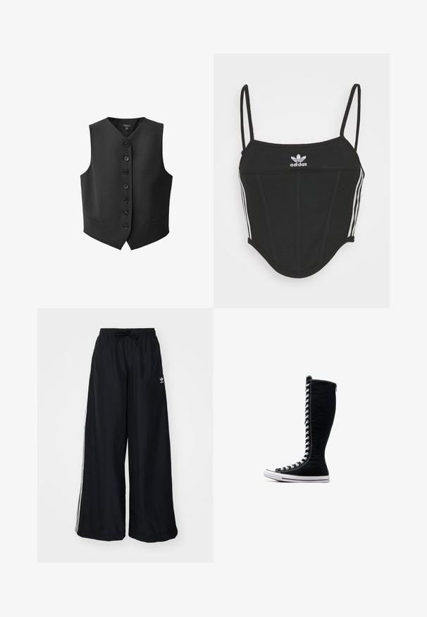 Vesta neagră cu decolteu în V, șase butoane frontale și două buzunare pe laterale. Fabricată dintr-un material fin, cu o croială structurat.; Top scurt negru cu nervuri, cu bretele subtiri ajustabile, având trei dungi albe pe laterale și un mic logo alb Adidas în centru.; Pantaloni negri cu picioare largi, realizati dintr-un material usor. Au un bmband elastic cu snur si dungi albe pe lateral. Logo-ul brandului este pe sold.; Adidași negri cu glezna înaltă, cu un design elevat, realizați din pânză. Acestia au șireturi albe, cusături și o talpă din cauciuc cu capac pentru degete.