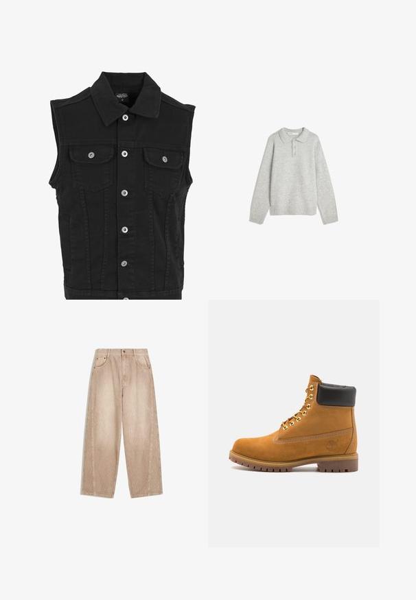 Crni traper prsluk s ovratnikom, prednjim dugmadi na presovanje, dva džepa na prsima i bočna dva džepa. Ima čistu, teksturiranu završnicu.; Sivi pleteni pulover s ovratnikom, tri prednja gumba i rebrastim rubom. Tkanina izgleda mekano i teksturirano, s opuštenim krojem.; Bežani kord papir široke hlače s okomitim rebrima, koje imaju prednje džepove, petlje za remen i zatvaranje na munje s dugmetom.; Antracitne antilop čizme do gležnjeva s crnim podstavljenim ovratnikom, zlatnim metalnim rupicama, bijelim šavovima i robusnom gumenom potplatom s izraženim šarama.