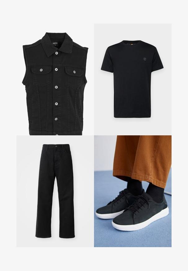 Juodas džinsinis liemenė su apykakle, priekiniais snapeliais, dviem krūtinės kišenėmis ir šoninėmis kišenėmis. Yra švarus, tekstūruotas paviršius.; Juodas medvilninis marškinėliai su apvalia iškirpte, trumpomis rankovėmis ir mažai, siuvinėta logotipu krūtinėje. Lygus paviršius, klasikinis siluetas.; Juodo džinsinio audinio keliaraiščiai su tiesia iškarpa, turintys priekinės kišenes, užtrauktuką ir vieną viršutinį mygtuką. Audinys tekstūruotas, su matinio paviršiaus apdaila.; Juodi zomšiniai sneakeriai su baltais guminiais padais, su raištelių uždėjimo dizainu, tekstūruotais akcentais ir subtiliu prekių ženklu, derinami su rudomis kelnėmis.