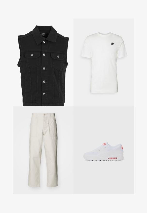 Schwarze Denim-Weste mit Kragen, Vorderknöpfen, zwei Brusttaschen und seitlichen Taschen. Besitzt eine saubere, strukturierte Oberfläche.; Weißes Baumwoll-T-Shirt mit kurzen Ärmeln, rundem Halsausschnitt und einem schwarzen Nike-Logo auf der linken Brust. Glatte Textur und klassische Passform.; Helle beige weit geschnittene Hose aus Baumwolle. Verfügt über Fronttaschen und einen Knopfverschluss. Glatte Textur mit dezenten vertikalen Streifen.; Weiße Sportsneaker mit einem glatten Obermaterial, Schnürverschluss, gepolsterter Sohle und einem sichtbaren Luftpolster mit roten Akzenten im Branding.