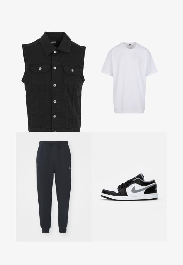 Svart denimvest med krage, frontknapper, to brystlommer og sidelommer. Har en ren, teksturert finish.; Hvit bomull t-skjorte med korte ermer, rund utringning, avslappet passform, og ingen synlige logoer eller mønstre. Glatt tekstur og minimalistisk design.; Svart joggebukse laget av myk stoff, med elastisk midje med snøring, ribbede mansjetter og en liten logo på venstre lår.; Jordan AIR JORDAN 1 LOW - Joggesko - black/particle grey-white