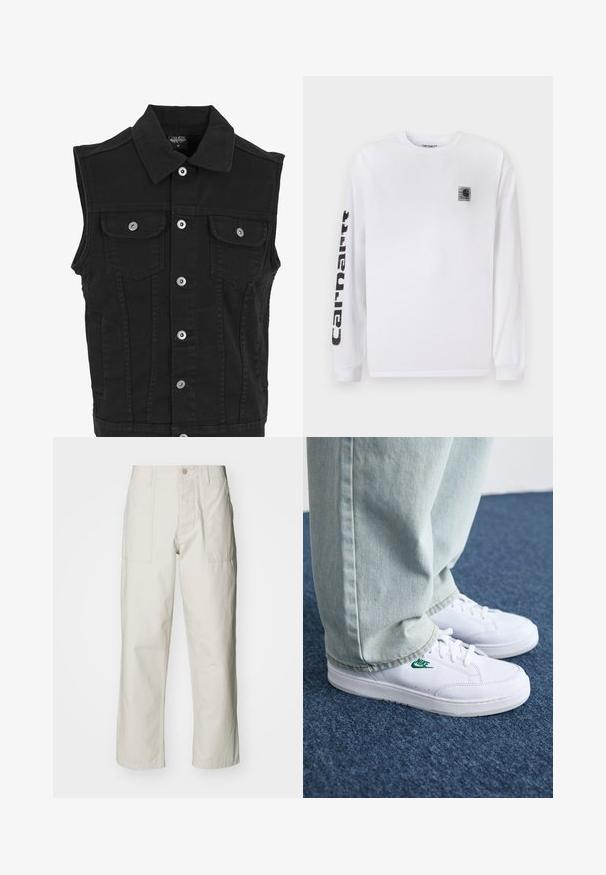 Črna jeans bunda z ovratnikom, sprednjimi gumbki za zapiranje, dvema žepoma na prsih in stranskima žepoma. Ima čist, strukturiran videz.; Bela majica z dolgimi rokavi iz bombaža, z majhno črno logotipno značko na prsih in močnim črnim napisom ob levi rokavi.; Svetlo bež široke hlače iz bombaža. Imajo sprednje žepe in gumbasto zapiranje. Gladka tekstura z subtilnimi navpičnimi črtami.; Bela usnjena športna obutev z zelenim Nike logotipom, okrogla konica, ravna podplat, v kombinaciji z svetlo modrimi kavbojkami, prikazana na modrem preprogu.