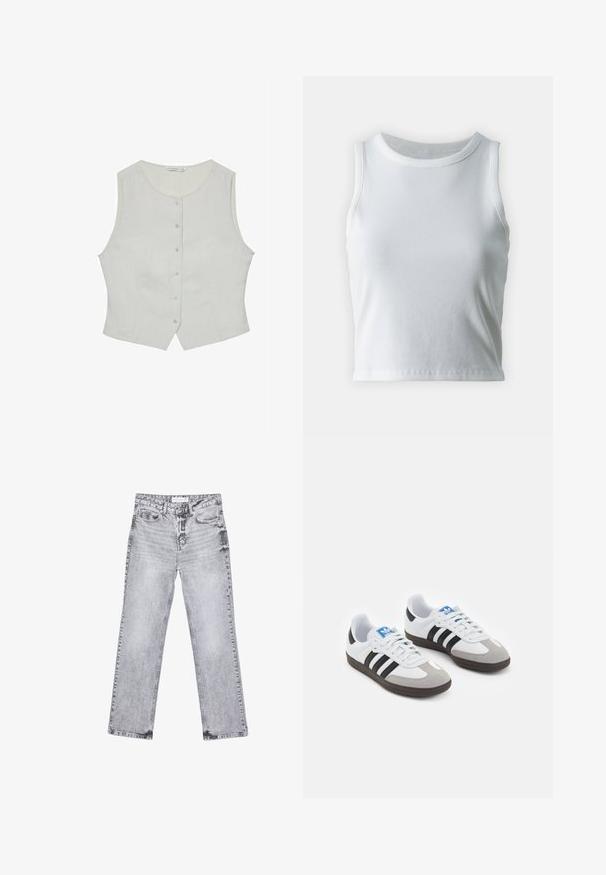 Svetlo siva brezrokavna majica z okroglim izrezom, ki ima zapenjanje na gumbe in prilegajoč kroj. Narejena je iz gladkega materiala in ima diskretne stranske žepke.; Bela rebrasta majica brez rokavov z okroglo izrezom, s pravo hem in gladko, elastično strukturo.; Sive traperice z ravnim krojem, z obdelanimi detajli, petimi žepi in bakrenimi zakovicami. Pas ima oznako z logotipom.; Športni čevlji z belim usnjenim zgornjim delom, sivim semišem na prstih in tremi črnimi črtami. Imajo modro logo na jeziku in teksturiran gumijast podplat.