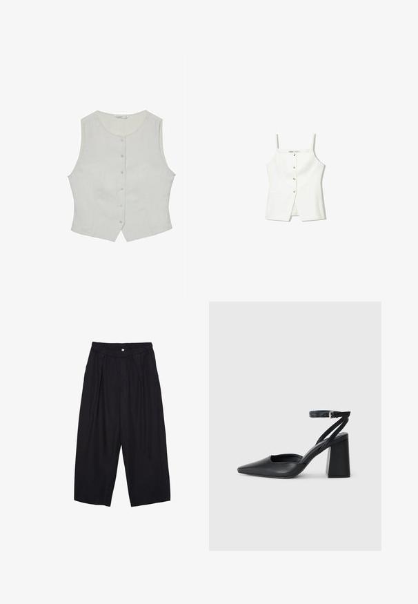 Svetlo šedý bezrukávový top s okrúhlym výstrihom, s gombíkovým zapínaním vpredu a moderným strihom. Vyrobený z hladkého materiálu, má nenápadné bočné vrecká.; Biely top bez rukávov s gombíkovým predným zapínaním, bočnými vreckami a priliehavým strihom s mierne rozšíreným lemom. Hladká textúra, minimálne detaily.; Čierne polyesterové culotte nohavice s elastickým pásom, dvoma prednými záhybmi a voľným strihom. Žiadne viditeľné vzory ani detaily z kovu.; Čierne kožené lodičky s špicatou špičkou a členkovým remienkom, s masívnym podpätkom. Hladký povrch, elegantný dizajn a minimalistická estetika.