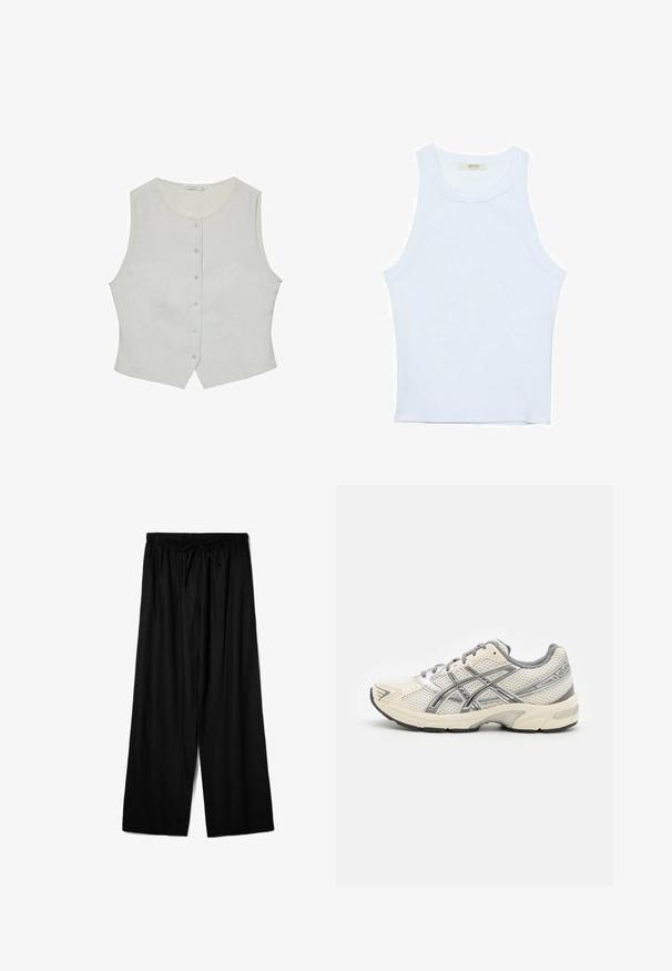 Hellgraues ärmelloses Oberteil mit rundem Ausschnitt, das über eine Knopfleiste und eine taillierte Passform verfügt. Hergestellt aus einem glatten Stoff, hat es diskrete Seitentaschen.; Weißes Tanktop, gerippte Textur, runder Ausschnitt, ärmelloses Design, enganliegende Form, dezente Markenkennzeichnung im Etikett im Kragenbereich.; Schwarze weite Hose aus leichtem Material mit einem elastischen Bund und einem Kordelzug für eine verstellbare Passform. Glatte Textur.; Laufschuhe mit einem atmungsaktiven weißen Mesh-Obermaterial, silbernen Akzenten, grauen Schnürsenkeln und einer langlebigen schwarzen Gummisohle. Leichtes, gepolstertes Design.