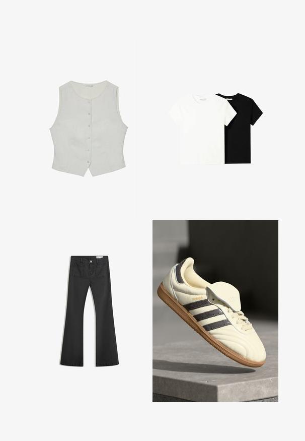 Vaaleanharmaa hihaton toppi, jossa on pyöreä kaula-aukko. Edessä napit ja muotoiltu istuvuus. Valmistettu sileästä kankaasta, ja siinä on huomaamattomat sivutaskut.; Kaksi lyhythihaista t-paitaa, yksi valkoinen ja yksi musta, valmistettu puuvillasta. Molemmissa on pyöreä kaula-aukko ja yksinkertainen, klassinen muotoilu.; Mustat leveälahkeiset farkut, jotka on valmistettu sileästä denimmateriaalista. Farkuissa on kaksi takataskua ja nappikiinnitys vyötäröllä.; Kreemivärvi nahast tennisekad, millel on kolm tumedat triipu, pruun kummist tald ja ümar varvas. Omab volditavat keelt, millel on silt "SAMBA."