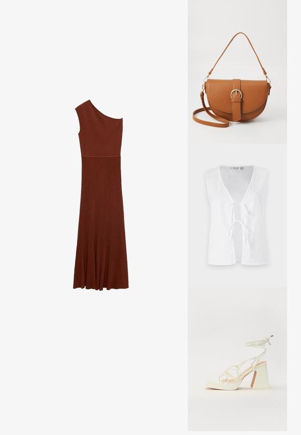 Biała bluzka bez rękawów z głębokim dekoltem w kształcie V, z przodu zapięta na wstążki. Gładka faktura z minimalistycznym designem, bez wzorów czy ozdób.; Asymetryczna brązowa sukienka z prążkowanego materiału z jednym ramieniem; dopasowany gorset przechodzi w szeroką spódnicę. Gładka tekstura na całej powierzchni.; Biała sandał na wysokim obcasie z masywnym słupkiem, z paskowym wzorem i wiązaniem przy kostce. Gładka faktura z platformą z przodu dla dodatkowej wysokości.; Brązowa skórzana torba na ramię o zaokrąglonym kształcie, ze złotymi akcentami i zapięciem w formie klamry. Posiada odpinany pasek na ramię.