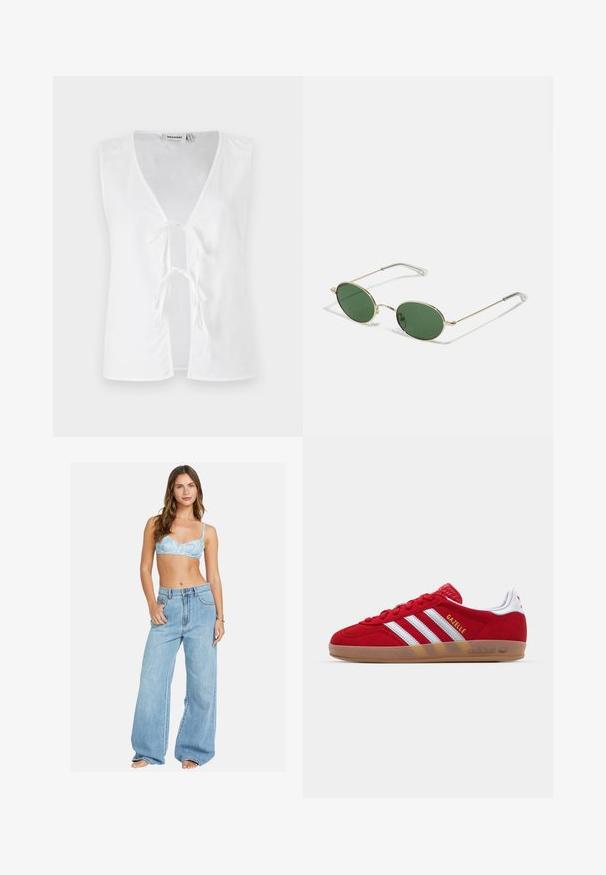 Hihaton valkoinen toppi, jossa on syvä V-kaula-aukko, edessä avautuminen sidontanauhoilla. Suunnittelultaan yksinkertainen, sileä rakenne ilman kuvioita tai koristeita.; Valkoinen pitkähihaista nappipaitaa, joka on valmistettu puuvillasta. Paidassa on klassinen kaulus, huomaamaton logo rinnassa ja keltaiset napit.; Valk blå blomsterprydet bralette kombinert med vide lys blå denimjeans. Komfortabel passform med en avslappet silhuett og klassisk knappeåpning.; Punainen mokkanahkainen lenkkitossu, jossa on valkoinen kolmiraidallinen kuvio ja kultaiset "Gazelle"-tekstit. Varusteena kuminen pinta ja teksturoitu kanta.; Kultaiset kehykset aurinkolaseissa, joissa on vihreät munamaiset linssit ja ohuet metalliset sivut. Varressa on kirkkaat muoviset päät mukavuutta varten.