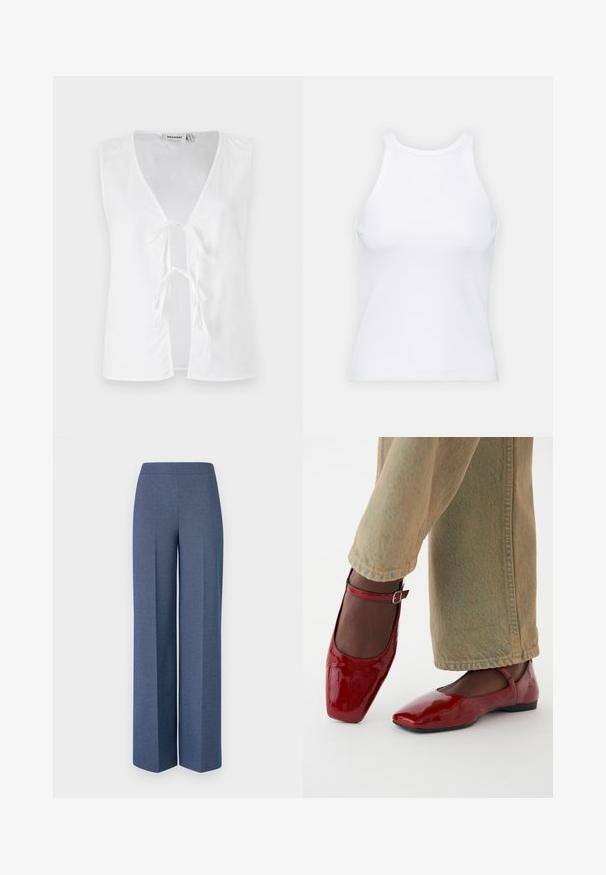 Haut sans manches blanc avec un décolleté en V profond, ouverture frontale maintenue par des liens. Texture lisse avec un design minimaliste, sans motifs ni embellissements.; Débardeur blanc sans manches en tissu côtelé, doté d'un col rond et d'une silhouette ajustée, avec des coutures minimales et sans ornements.; Pantalons à larges jambes en tissu texturé bleu avec une taille lisse et des plis nets à l'avant, mettant en valeur un design ajusté.; Chaussures en cuir verni rouge avec un bout carré, un petit talon et une sangle de cheville, associées à un jean large vert clair. Texture lisse, surface réfléchissante.