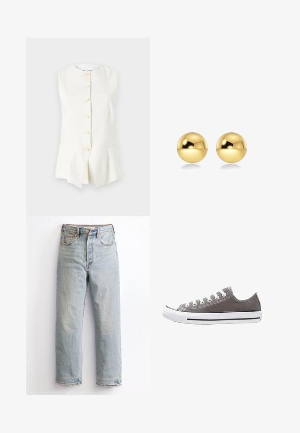 Vit ärmlös väst med rund halsringning, prydd med sex frampanelknappar och två sidofickor, tillverkad av ett mjukt tyg.; Vitt bomullstopp med justerbara knytband, knapp framför, veckat mönster och spetsdetalj längs fållen. Slät textur, lättviktig tyg.; Ljusblå denimjeans med rak ben-design, som har en sliten fåll, kopparnitar och en klassisk femficksstil.; Grå canvas sneakers med vit gummisula, svart rand och metallöglor. Har rund tå, låg design och textilier med struktur.; Guldiga, sfäriska örhängen med en blank, reflekterande yta. Designen är enkel och slät, vilket skapar ett modernt, minimalistiskt utseende.