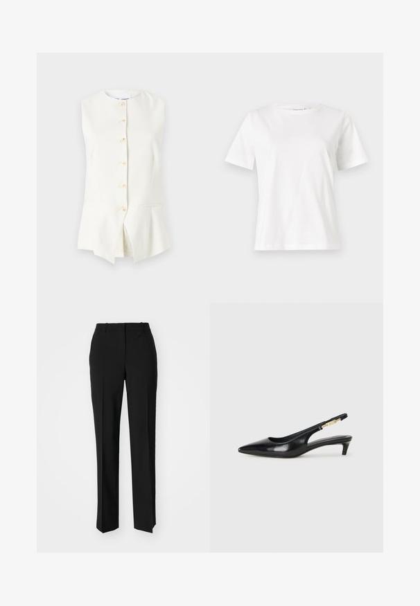 Balta bezpiedurkņu veste ar apaļu dekoltē, kura ir aprīkota ar sešiem priekšējiem pogām un divām sānu kabatām, izgatavota no gludas auduma.; Baltas kokvilnas T-krekls ar īsām piedurknēm, apaļu kakla izgriezumu un brīvu piegriezumu. Gluda tekstūra, bez rakstiem vai akcentiem, minimālistisks dizains.; Melnas pielāgotas bikses ar taisnu kāju dizainu, kas raksturojas ar gludu faktūru un asiem krokām pa priekšu. Nav redzamu metāla detaļu.; Melnas ādas slingback zābaki ar smailu purngalu, ar šauru papēdi un zelta krāsas akcentu uz regulējama siksniņas. Gluda tekstūra.