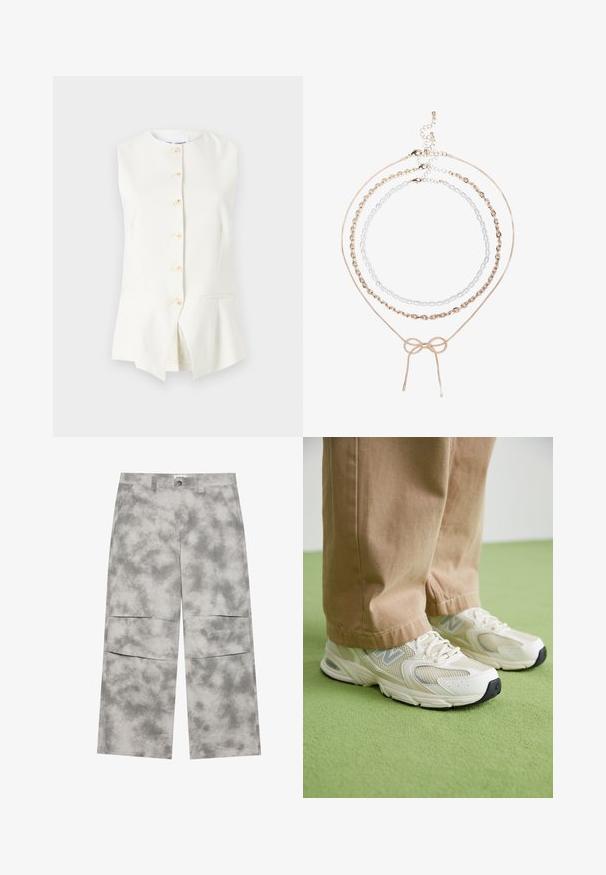 Weißes ärmelloses Oberteil mit rundem Ausschnitt, ausgestattet mit sechs vorderen Knöpfen und zwei Seitentaschen, aus einem glatten Stoff gefertigt.; Rotes langärmeliges Baumwolloberteil mit gerippter Textur und rundem Ausschnitt. Mit einem weißen Logo auf der Brust. Cropped-Design.; Graue Baumwollhose mit wolkenartigem Muster, weit geschnittenem Design und Taschen vorne. Der Stoff ist glatt mit einer leicht strukturierten Oberfläche.; Beige Mesh- und Kunstlederschuhe mit weißer Sohle, ausgestattet mit Schnürung und einem grauen Logo-Detail, vor einem grünen Hintergrund.; Dreizügige Halskette mit goldenen Ketten, einer silbernen Perlenreihe und einem zentralen Knoten-Detail. Mit verstellbarem Verschluss.