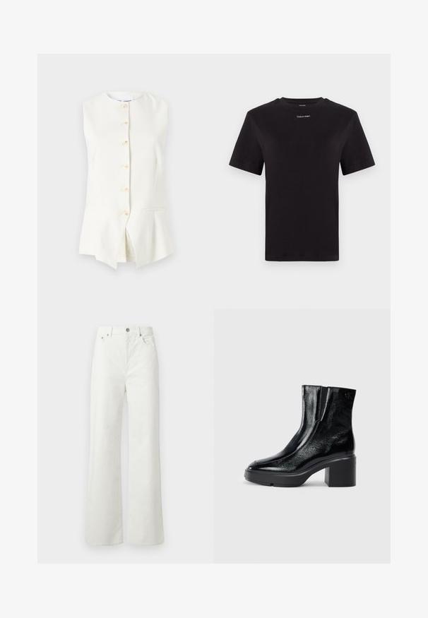 Weißes ärmelloses Oberteil mit rundem Ausschnitt, ausgestattet mit sechs vorderen Knöpfen und zwei Seitentaschen, aus einem glatten Stoff gefertigt.; Schwarzes Baumwoll-T-Shirt mit kurzen Ärmeln, Rundhalsausschnitt und kleinem weißen "Calvin Klein"-Logo auf der Brust. Glatte Textur, klassischer Schnitt.; Samsøe Samsøe SHELLY - Jeans Relaxed Fit - clear cream; Schwarze Lackleder-Stiefeletten mit einer geschwungenen Zehenpartie, elastischen Seiteneinsätzen und einem klobigen Blockabsatz. Mit geprägtem Logo auf der Rückseite.