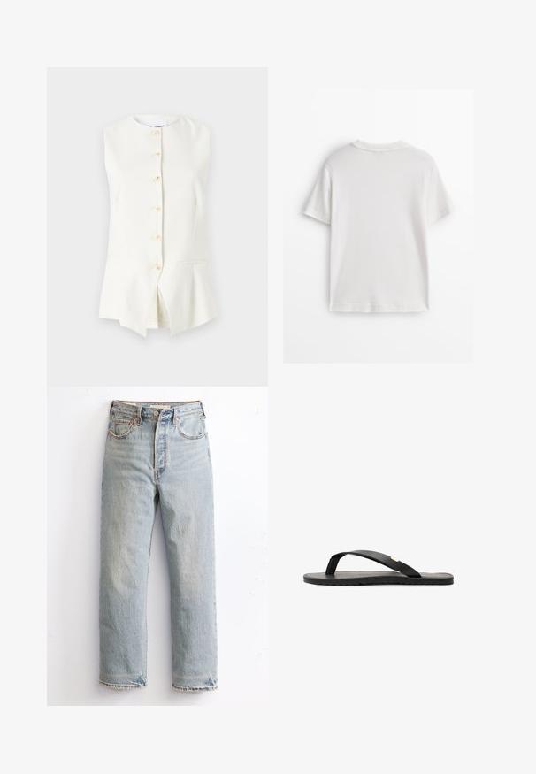Hvid ærmeløs vest med rund halsudskæring, der har seks frontknapper og to sidelommer, lavet af et glat stof.; Hvid bomuld t-shirt med korte ærmer, rund hals og en glat tekstur. Bagsiden er ensfarvet uden ekstra mønstre eller designs.; Lysblå denimjeans med lige ben-design, med slidte kanter, kobbernitter og en klassisk fem-lomme stil.; Sort flip-flop sandal med flad sål, tekstureret sort indersål, glatte stropper og en lille gul accent nær tåposten.