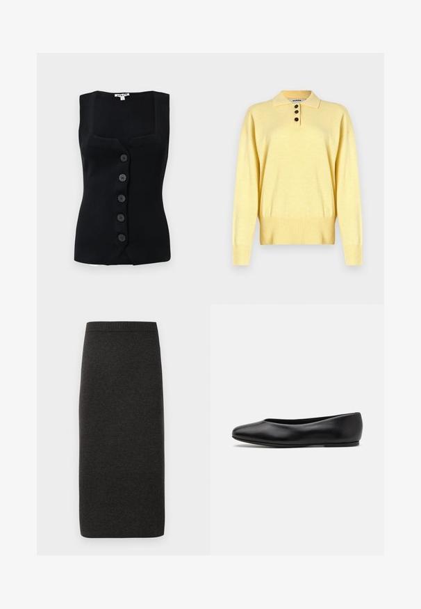 Schwarzes, geripptes ärmelloses Top mit quadratischem Ausschnitt, fünf runden Knöpfen vorne und einer figurbetonten Silhouette.; Gelbes, gestricktes Polo Sweatshirt mit Kragen, ausgestattet mit drei dunklen Knöpfen, geripptem Saum und langen Ärmeln, aus weichem Material gefertigt.; Dunkelgrauer, knielanger Rock mit einem gerippten Bund. Hergestellt aus einem weichen, dehnbaren Stoff, der ein einfaches, gerades Design aufweist. Keine Muster oder Akzente.; Paul Smith TOPANGA - Klassischer Ballerina - black