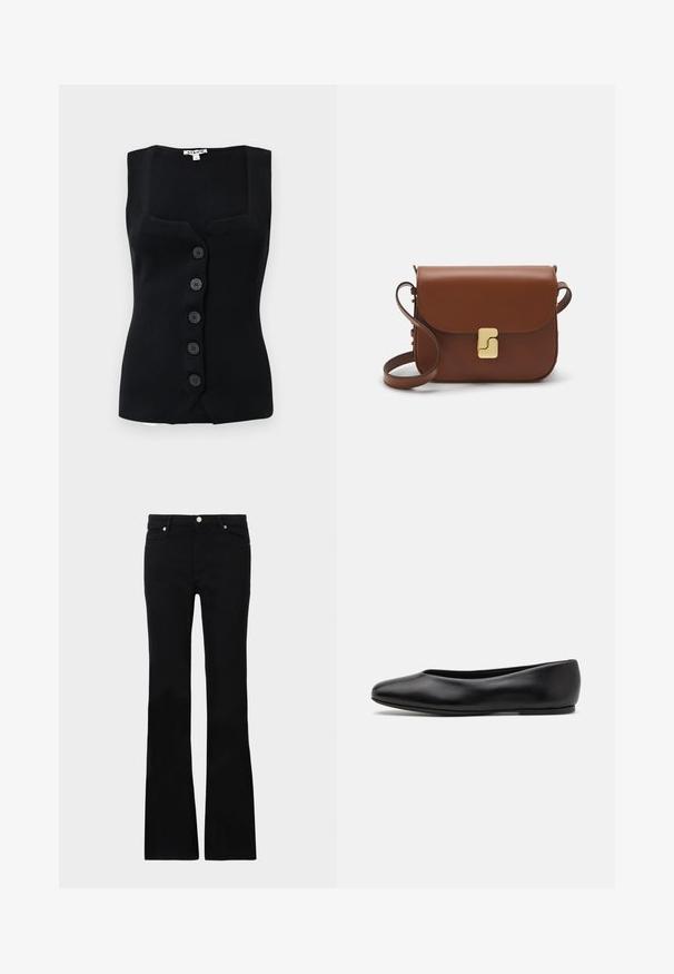 Top senza maniche a coste nere con scollatura quadrata, cinque bottoni tondi sulla parte anteriore e una silhouette aderente.; Pullover cropped beige chiaro con collo alto con zip, caratterizzato da un motivo testurizzato e polsini e orlo a coste. Combina materiali a maglia e tessuti.; Jeans neri svasati in denim, dotati di due tasche anteriori, chiusura con bottone e una texture liscia. Cuciture iconiche visibili nei punti di giuntura.; Paul Smith TOPANGA - Ballerine - black; Borsa a tracolla in pelle marrone con chiusura a pattina, hardware color oro, tracolla e una finitura liscia. Forma rettangolare compatta.