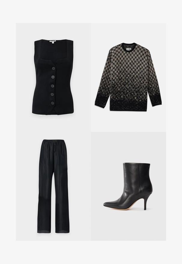 Čierny sieťovaný bezrukávový top s štvorcovým výstrihom, piatimi okrúhlymi gombíkmi vpredu a priliehavým strihom.; Pletený sveter s diamantovým vzorom v béžovej a čiernej farbe, s postupným farebným prechodom. Výstrih do crew a dlhé rukávy. Jemná textúra.; Čierne, ľahké nohavice s uvoľneným strihom, s elastickým pásom a dvoma prednými gombíkmi. Hladká textúra s rovnými nohavicami.; Čierne kožené členkové topánky s špicatou špičkou, úzkym stiletto podpätkom a hladkou textúrou. Minimalistický dizajn bez viditeľných kovových prvkov alebo akcentov.