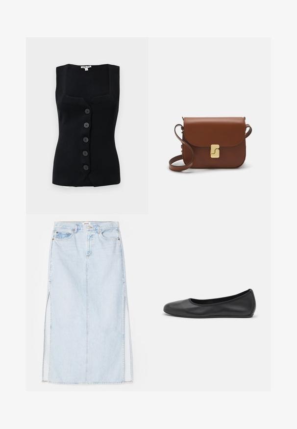 Schwarzes, geripptes ärmelloses Top mit quadratischem Ausschnitt, fünf runden Knöpfen vorne und einer figurbetonten Silhouette.; Weißes Langarmhemd mit Kragen aus Baumwolle. Verfügt über eine durchgehende Knopfleiste und eine Brusttasche. Glatte Textur, lockere Passform.; Hellblaue Jeans-Maxi-Rock mit geradem Schnitt, ausgestattet mit seitlichen Schlitzen und einem Fünf-Taschen-Design. Auffällige Nähte und Metallschnappverschluss.; Schwarze Leder-Ballettschuhe mit abgerundeter Spitze, glatter Textur, minimalen Nähdetails und einem flexiblen Sohlen-Design.; Braune Ledertasche mit Klappenverschluss, Beschlägen in Goldfarbe, einem Schultergurt und einer glatten Oberfläche. Kompakte rechteckige Form.