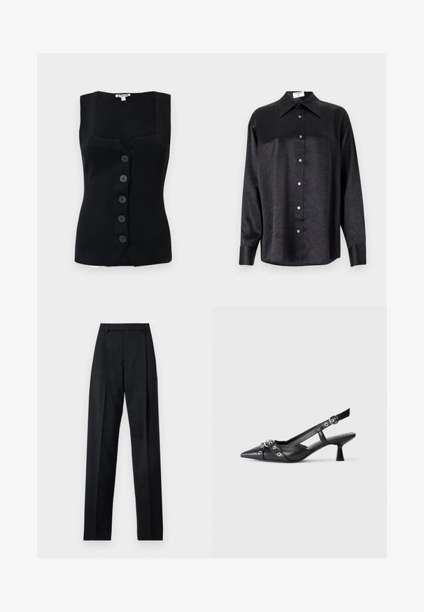 Top negru cu nervuri, fără mâneci, având decolteu pătrat, cinci nasturi rotunzi pe față și o siluetă ajustată.; Cămașă neagră cu mânecă lungă, cu guler, cu o textură șifonată, cu nasturi pe toată lungimea și manșete. Fabricată dintr-un material neted.; Pantaloni negri dintr-un material neted, cu talie înaltă, picioare largi, pliuri frontale și loop-uri clasice pentru curea. Fără buzunare laterale vizibile.; Pantofii slingback din piele neagră, cu vârful ascuțit, curele decorative cu ochiuri din metal și toc bloc mic. Suprafață texturată.