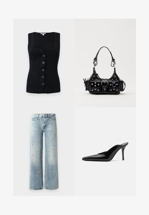 Schwarzes, geripptes ärmelloses Top mit quadratischem Ausschnitt, fünf runden Knöpfen vorne und einer figurbetonten Silhouette.; Weiße Spitzenjacke mit kurzen Ärmeln, die über weit ausgestellte Ärmel verfügt, mit einem gewellten Saum und einem tiefen V-Ausschnitt-Design. Weicher Stoff mit filigranen floralen Mustern.; Hellblaue weite Jeans aus Denim, ausgestattet mit einem Farbverlaufseffekt und Verzierungen aus silbernen Strasssteinen in vertikalem Muster.; Schwarze Lackleder-Pumps mit hohen Absätzen, spitzer Zehenform und schlanker Silhouette, mit offenem Rücken und schlankem Stiletto-Absatz.; Schwarze Lederhandtasche mit einem geschwungenen Design, verziert mit silbernen Nieten, einer Schnalle und zwei seitlichen Taschen. Verstellbarer Träger für verschiedene Tragemöglichkeiten.