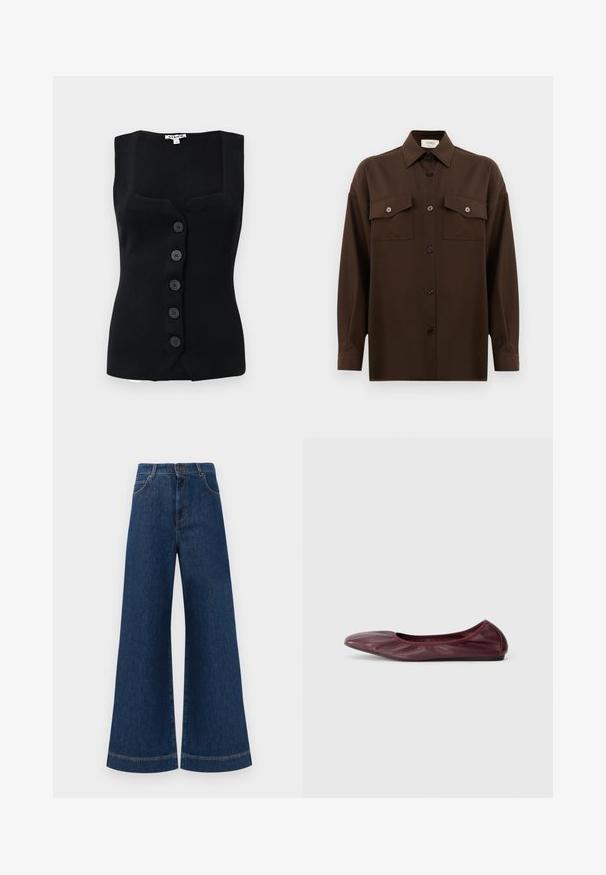 Top negru cu nervuri, fără mâneci, având decolteu pătrat, cinci nasturi rotunzi pe față și o siluetă ajustată.; Cămașă lungă, cu mâneci lungi, de culoare maro închis, cu două buzunare frontale cu clapetă și guler clasic, expusă pe un fundal alb simplu.; Jeans din denim albastru cu picioare largi și talie înaltă, având închidere cu buton, bucle pentru curea și detalii discrete de cusut pe buzunare și la tivuri.; Balerini din piele burgundă închisă, cu vârf rotunjit, rim elastic și textură netedă cu detalii subtile de pliere.