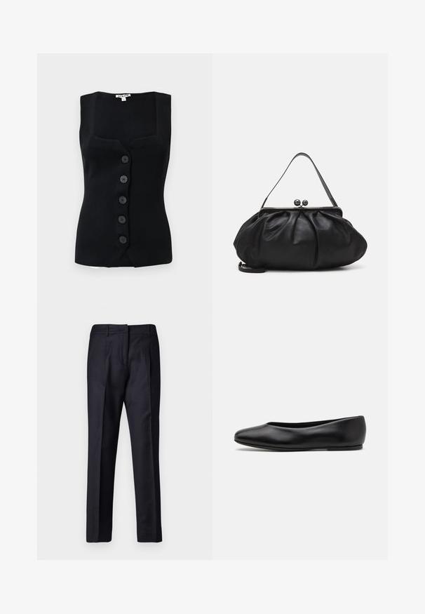 Schwarzes, geripptes ärmelloses Top mit quadratischem Ausschnitt, fünf runden Knöpfen vorne und einer figurbetonten Silhouette.; Schwarz, langärmliges Turtleneck-Oberteil aus glattem Material, mit einem gerafften Kragen und einer enganliegenden Silhouette mit einfachen Kanten.; Marineblaue, maßgeschneiderte Hosen mit glatter Textur, flachem Frontdesign, doppelten Falten und Gürtelschlaufen. Gerader Schnitt, mit umgeschlagenem Saum.; Paul Smith TOPANGA - Klassischer Ballerina - black; Schwarze Lederhandtasche mit einer runden, gefalteten Form. Verfügt über einen metallischen Verschluss mit zwei dekorativen Kugeln und einem schmalen, abnehmbaren Tragegurt.