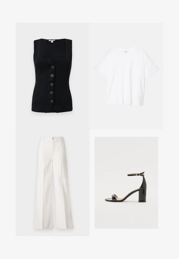 Schwarzes, geripptes ärmelloses Top mit quadratischem Ausschnitt, fünf runden Knöpfen vorne und einer figurbetonten Silhouette.; Weißes Baumwoll-T-Shirt mit kurzen Ärmeln, runder Halslinie, lockerer Passform und genähtem Saum. Etikett sichtbar am inneren Kragen.; Weiße weite Hosen aus Baumwolle mit glatter Textur. Sie verfügen über einen vorderen Knopf, einen Reißverschluss und ein Design mit vier Taschen.; Schwarze Lackleder-Sandalette mit weitem Absatz, offener Zehenpartie und Knöchelriemen mit goldener Schnalle. Glatte Textur und elegantes Design.