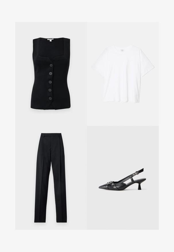 Črn rebrast brezrokavnik z kvadratnim izrezom, petimi okroglimi gumbi spredaj in prilegnjeno silhueto.; Bela bombažna majica s kratkimi rokavi, okroglim izrezom, sproščenim krojem in šivanim robom. Oznaka vidna na notranji strani izreza.; Črne hlače iz gladkega materiala, ki imajo visok pas, široke noge, sprednje nabore in klasične zanke za pas. Nevidni stranski žepi.; Črne usnjene sandale središnje zaponke z ostro konico, okrasnimi trakovi z kovinskimi očesi in nizko blokasto peto. Teksturirana površina.