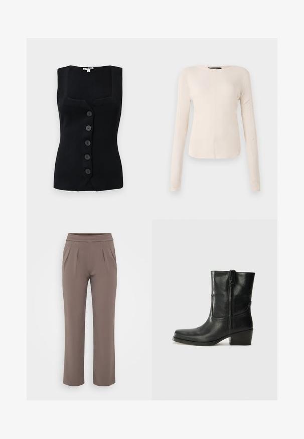 Schwarzes, geripptes ärmelloses Top mit quadratischem Ausschnitt, fünf runden Knöpfen vorne und einer figurbetonten Silhouette.; Langärmliges, hellbeiges Oberteil mit rundem Ausschnitt. Aus weichem Stoff gefertigt, verfügt es über eine zentrale Naht und einen leicht geschwungenen Saum. Keine sichtbaren Beschläge.; Taupe-lockere Hose mit elastischem Bund und vorderen Falten, gefertigt aus glattem Stoff.; Schwarze Leder-Ankle Boots mit runder Zehenform, Blockabsatz, seitlichem Reißverschluss und gestickten Akzenten auf dem Blatt. Glatte Textur, klassisches Design.