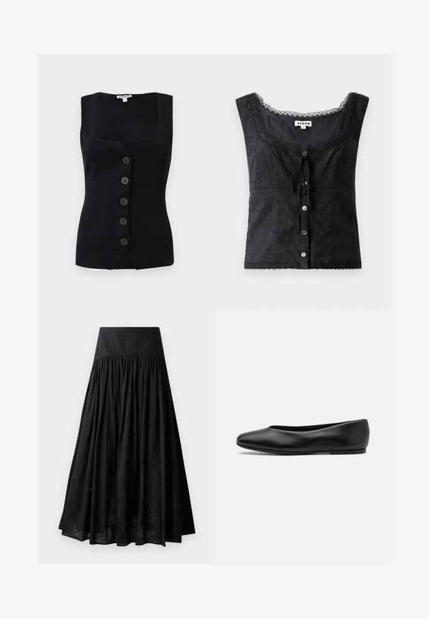 Mustat ribbimäiset hihattomat paidat, joissa on neliön muotoinen kaula-aukko, viisi pyöreää nappia edessä ja tiukka siluetti.; Musta ilmanhihoinen paita, jossa on kukkakirjontaa, pyöreä kaula-aukko, nappikiinnitys ja pitsiyksityiskohtia. Edessä on solmimisnauha.; Musta maxi-hame, joka on valmistettu puuvillasta ja jossa on brodeerattu vyötärö. Hameessa on koottua kangasta ja reunan aukotusta tarkkuusompelua.; Paul Smith TOPANGA - Ballerinat - black