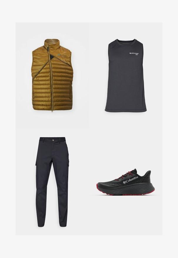 Braune isolierte Weste mit hohem Kragen, diagonalem schwarzen Paneel und Reißverschluss. Verfügt über eine gesteppten Textur und minimale Markenkennzeichnung.; Ärmelloses, dunkelgraues Sporttanktop aus strukturiertem Stoff, mit rundem Halsausschnitt und kleinem Logoakzent auf der Vorderseite.; Marine Cargo-Hosen aus strapazierfähigem Stoff, mit Knopfverschluss, fünf Taschen und schmal zulaufenden Beinen mit leichter Struktur.; Schwarzer Sportschuh mit strukturiertem Obermaterial, roten Schnürsenkeln und Logo. Dicke Sohle mit strukturiertem Profil für Traktion. Minimalistisches Design, Seitenansicht.