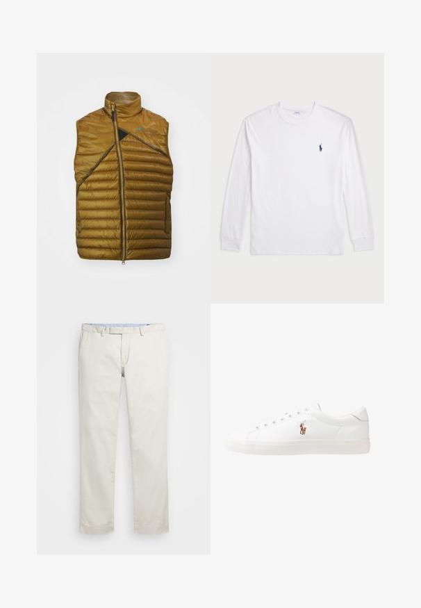 Smeđi izolirani prsluk s visokim ovratnikom, dijagonalnom crnom pločom i zatvaranjem na zatvarač. Ima kviltanu teksturu i minimalno brendiranje.; Bijela majica dugih rukava od pamuka. Ima okrugli izrez, rebraste manšete i mali logo u mornarskoplavoj boji na lijevoj strani grudi.; Bež pamukove chinos hlače s ravnim prednjim dijelom, petljama za remen i bočnim džepovima. Dizajn ravnih nogavica s glatkom teksturom i laganim, prozračnim osjećajem.; Bijele kožne tenisice, niskog kroja, s glatkom teksturom, okruglim vrhom, vezanjem sprijeda i malim izvezenim logom sa strane.