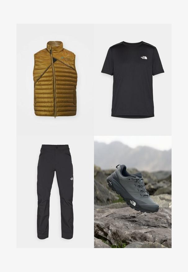 Gilet isolé marron avec un col haut, panneau noir diagonal et fermeture éclair. Présente une texture matelassée et un branding minimal.; T-shirt noir à manches courtes en tissu léger. Présente un petit logo blanc sur la poitrine gauche et des accents subtils aux épaules.; Pantalons d'extérieur noirs en matière synthétique avec une poche avant zippée, jambes fuselées et panneaux de genoux renforcés. Comprend une fermeture à bouton.; Chaussure de trail running grise avec un dessus texturé, semelle en caoutchouc durable et chaussure renforcée à l'avant. Comprend des lacets et un logo de la marque sur le côté.