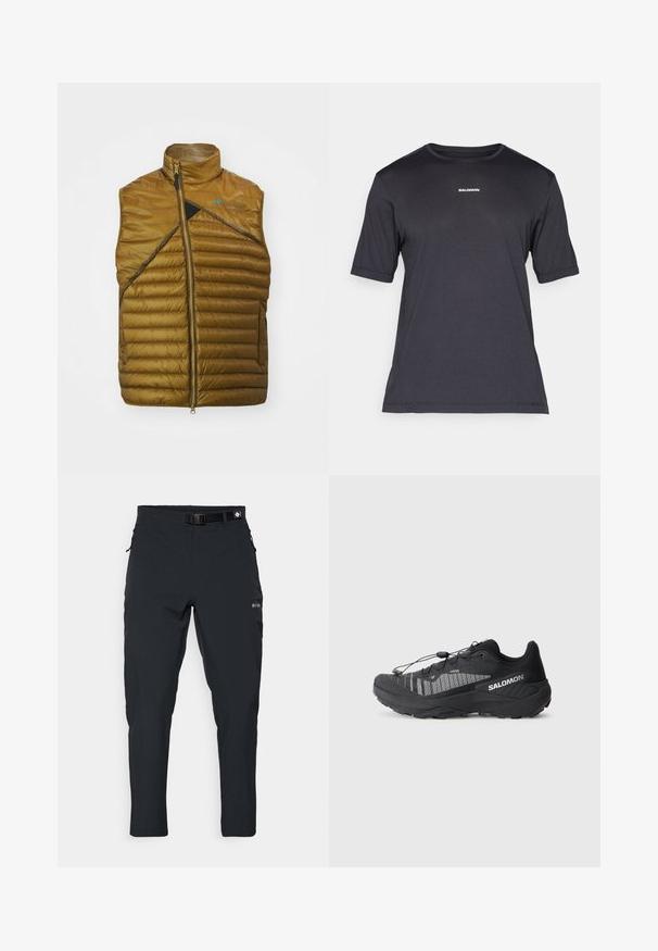 Brązowa ocieplana kamizelka z wysokim kołnierzem, skośnym czarnym panelem i zapięciem na zamek. Ma pikowany wzór i minimalne logo.; Czarny t-shirt sportowy krótki rękaw z przewiewnego materiału, z okrągłym dekoltem i małym białym logo "SALOMON" na piersi.; Columbia ESSENTIAL HIKE™ czarny; Czarne buty do biegania w terenie z teksturowaną siateczką górną, odblaskowymi akcentami, amortyzującą podeszwą i elastycznym systemem sznurowania. Logo na boku.