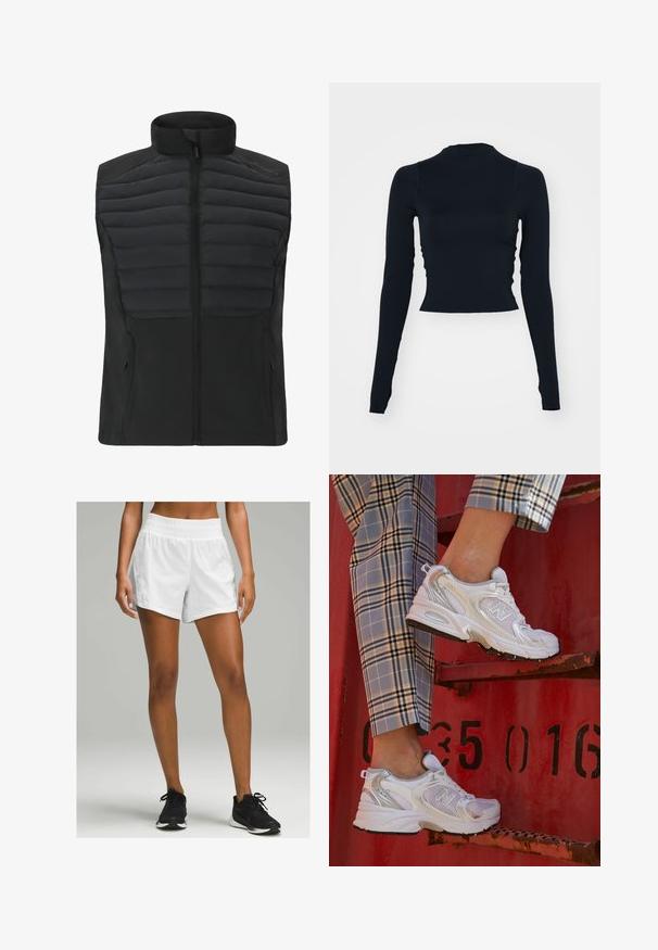 Schwarze Steppweste mit hohem Kragen, gesteppten Frontpanelen, glattem Rücken und Seitentaschen. Reißverschluss und Logodetail auf der Schulter.; Schwarzes, langärmeliges, cropped Oberteil mit hohem Ausschnitt. Hergestellt aus glattem, enganliegendem Material ohne sichtbare Muster oder Akzente.; Weiße Sportshorts mit elastischem Bund, aus leichtem, glattem Material und einer lockeren Passform. Getragen mit schwarzen Laufschuhen.; Weiße Mesh-Sneaker mit silbernen Akzenten und einer strukturierten Sohle, platziert auf einer roten Oberfläche, kombiniert mit karierter Hose.