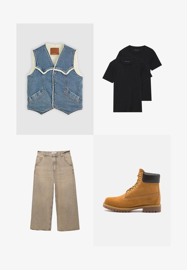 Denim-Weste mit Lammfellfutter, V-förmigem Ausschnitt, zwei Fronttaschen und braunem Lederlogo innen.; Zwei schwarze Baumwoll-T-Shirts mit kurzen Ärmeln, runden Ausschnitten und einer glatten Textur, übereinander gestapelt.; PULL&BEAR MEGA BAGGY - Baggy Jeans - light grey; Beige Wildleder-Ankle-Boot mit schwarzem gepolstertem Kragen, goldenen Metallösen, weißen Nähdetalben und einer robusten Gummisohle mit ausgeprägtem Profil.