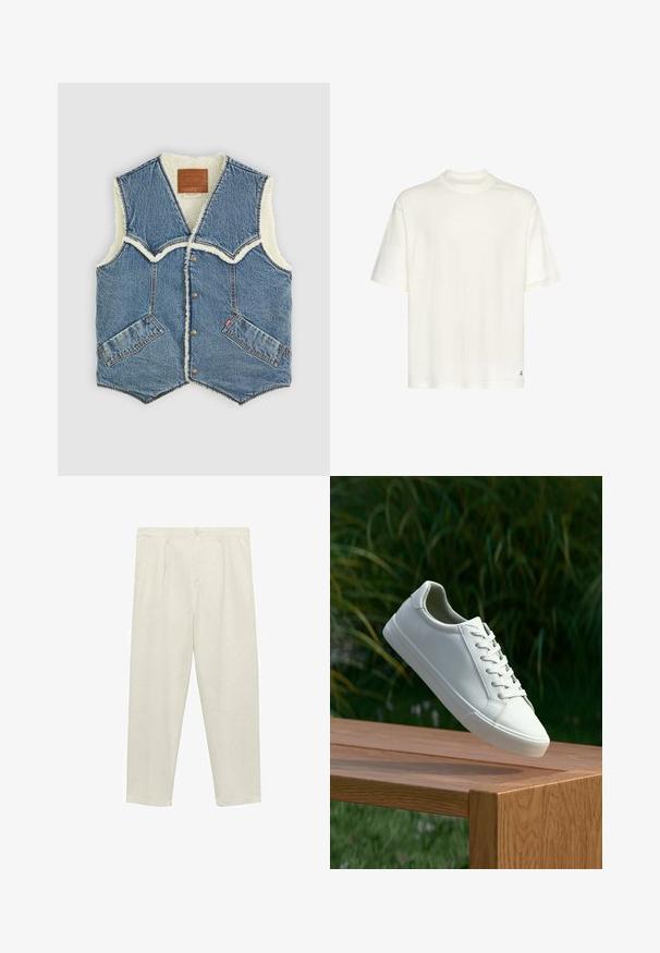 Denim-Weste mit Lammfellfutter, V-förmigem Ausschnitt, zwei Fronttaschen und braunem Lederlogo innen.; Weißes Baumwoll-T-Shirt mit kurzen Ärmeln, rundem Halsausschnitt, lässigem Schnitt und dezenten Nähtendrei. Kleines Logo in der unteren rechten Ecke.; Helle beige, gerade geschnittene Hose aus weichem Stoff, mit hoher Taille, vorderen Falten, Knopfverschluss und seitlichen Taschen.; Weiße Schnürsneaker, die über einer Holzbank mit grünem Laub im Hintergrund schweben und das Schuhdesign sowie die Textur zeigen.