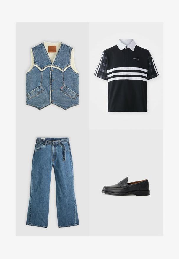 Džínová vesta s beránkovou podšívkou, V-krkem, dvěma předními kapsami a hnědým koženým štítkem s logem na vnitřní straně.; Černé polo tričko s bílými pruhy a logem; má krátké kostkované rukávy a bílý límeček s knoflíkovou légou.; Modré denimové široké džíny s připojeným opaskem, předními kapsami a viditelným šitím na světlém jednobarevném pozadí.; Černé kožené mokasíny se šitým vzorem, zaoblenou špičkou, nízkým vrstveným podpatkem a snadným nazouváním. Hladký povrch s mírným leskem.