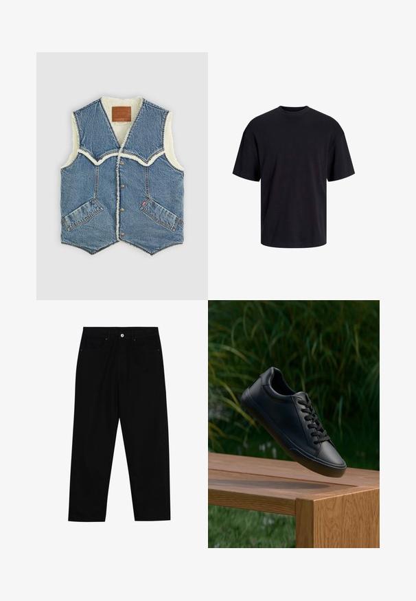 Denim vest with a shearling lining, featuring a V-shaped neckline, two front pockets, and brown leather branding label on the inside.; Black cotton t-shirt with a crew neckline, short sleeves, and a relaxed fit. Smooth texture and no visible patterns or accents.; Black denim pants featuring a straight-leg cut, five-pocket design, and a front button closure. Smooth texture with minimal stitching details.; Black leather sneaker with a smooth texture, round toe, and flat laces, positioned above a wooden surface with green grass in the background.