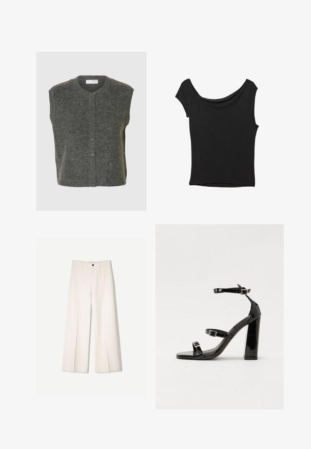 Grijze mouwloze cardigan van zachte wol met een ronde halslijn, knopen aan de voorkant en een gestructureerde afwerking.; Zwart korte mouwen top gemaakt van een gladde stof; met een gedrapeerde halslijn en een asymmetrische zoom, met een getailleerd lijfje.; Crème brede broek met een tailored ontwerp, voorzien van twee voorzakken en een enkele sluiting met een knop aan de voorkant, gemaakt van een gladde stof.; Zwarte gepatenteerde sandalen met hak en een vierkante neus, enkelbandjes en zilveren gespen. Heeft een stevige blokhak voor stabiliteit.