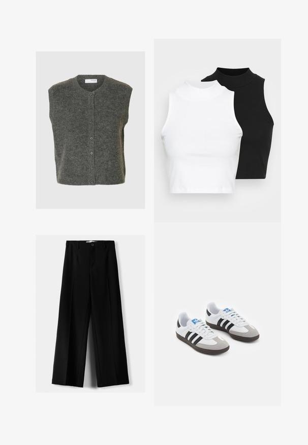 Szary bezrękawnik z miękkiej wełny, z okrągłym dekoltem, guzikami z przodu i teksturowanym wykończeniem.; Dwa bezrękawnikowe golfy w kolorze czarnym i białym, charakteryzujące się dopasowanym fasonem i gładką teksturą, o skróconej długości.; Czarne spodnie szerokie, wykonane z lekkiego materiału, z zapięciem na guzik z przodu i gładkim przodem, z starannie wykończonymi brzegami.; Buty sportowe z białą skórzaną cholewką, szarym zamszowym noskiem i trzema czarnymi paskami. Posiadają niebieskie logo na języku oraz teksturowaną gumową podeszwę.